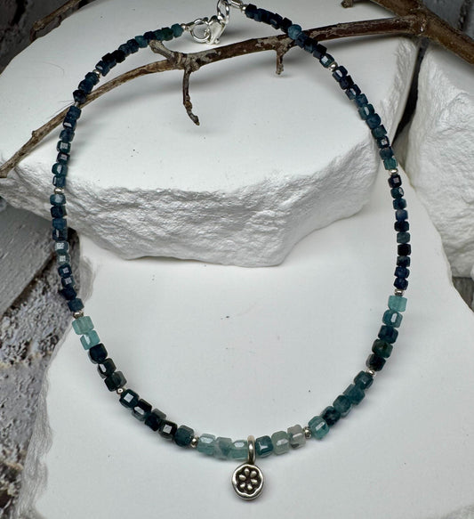 Tourmaline Paraiba Blue Indicolite anklet with flower charm / sterling silver gemstone ankle bracelet