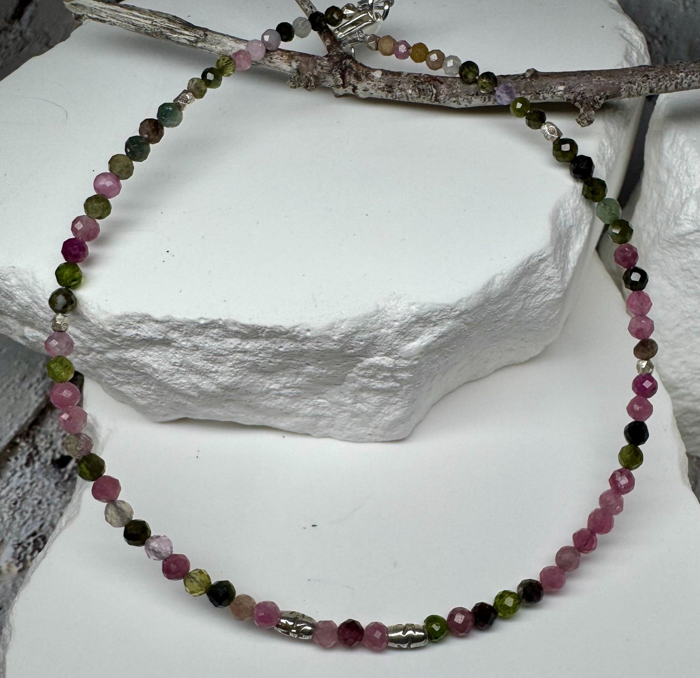 Pink and Green Tourmaline Anklet, Sterling Silver Spacers, Gemstone Ankle Bracelet, Women's Jewelry, Gift Idea