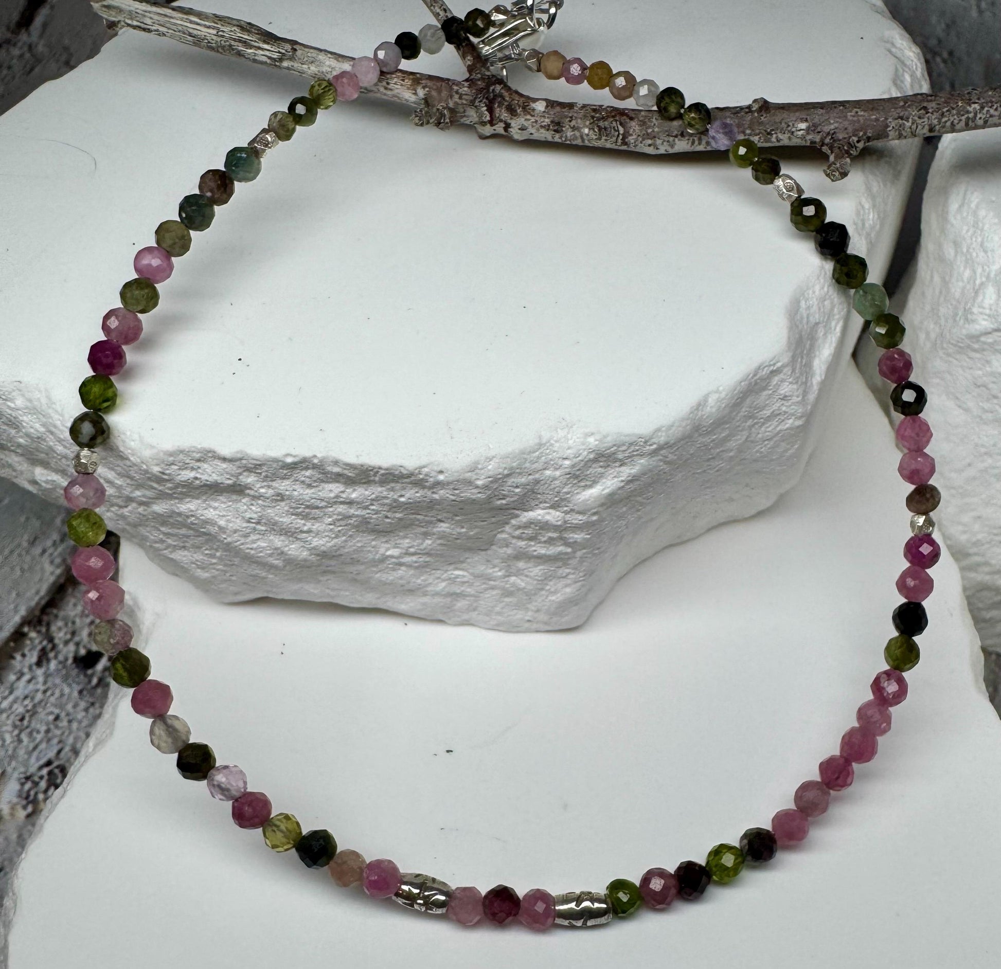 Pink and Green Tourmaline Anklet, Sterling Silver Spacers, Gemstone Ankle Bracelet, Women's Jewelry, Gift Idea