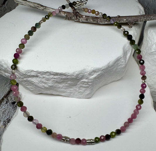 Pink and Green Tourmaline Anklet, Sterling Silver Spacers, Gemstone Ankle Bracelet, Women's Jewelry, Gift Idea