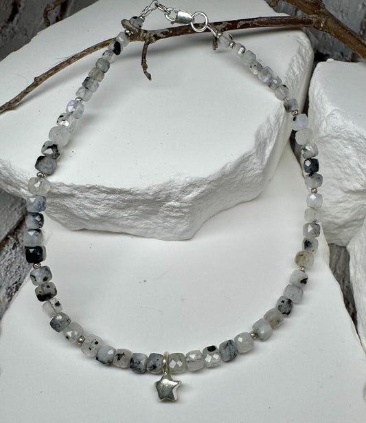 Rainbow Moonstone with Black Tourmaline anklet with star charm / sterling silver gemstone ankle bracelet