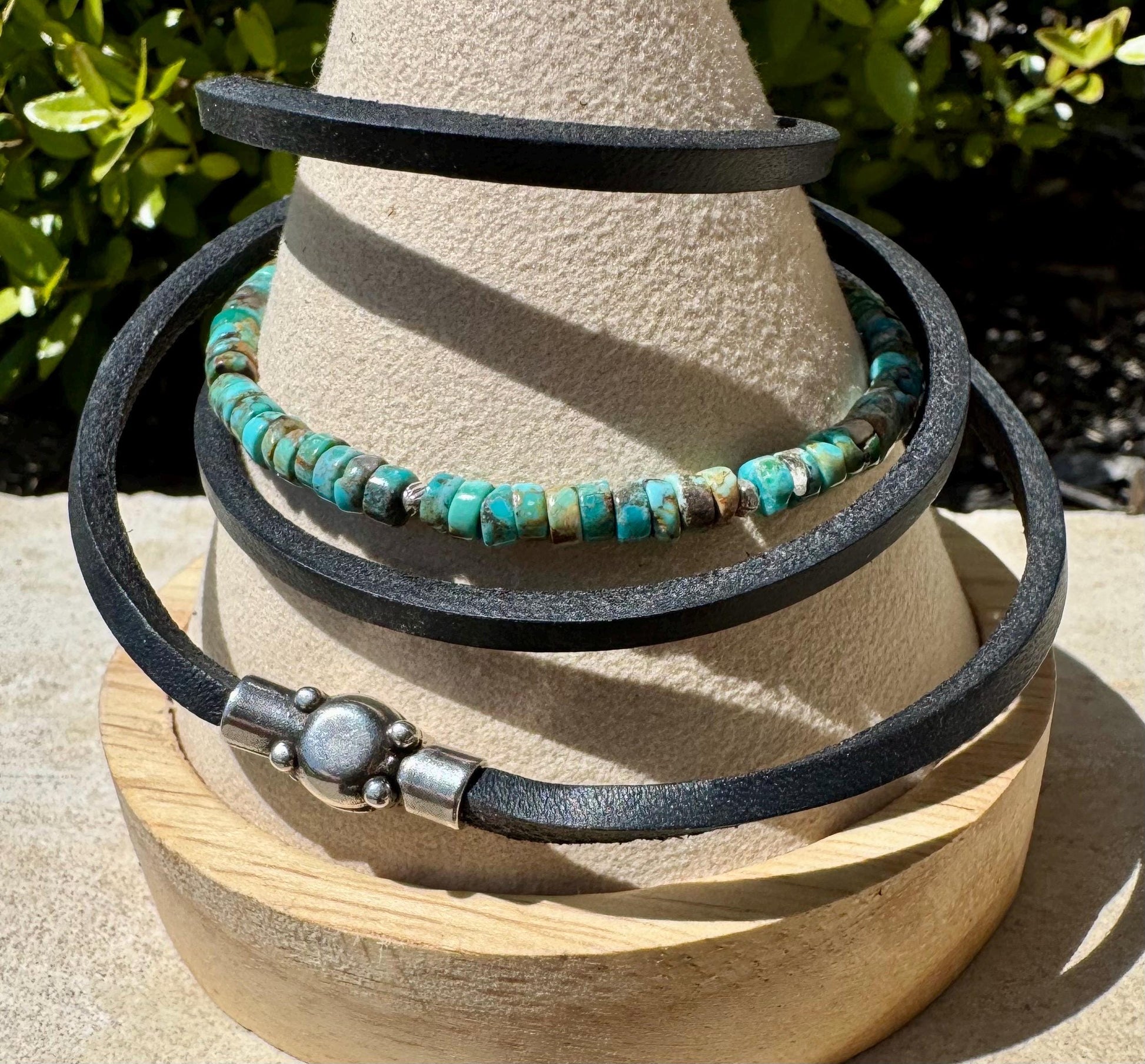 Turquoise Leather Wrap Bracelet, Sterling Silver Bracelet, Genuine Leather Gemstone Bracelet, Gift for Her
