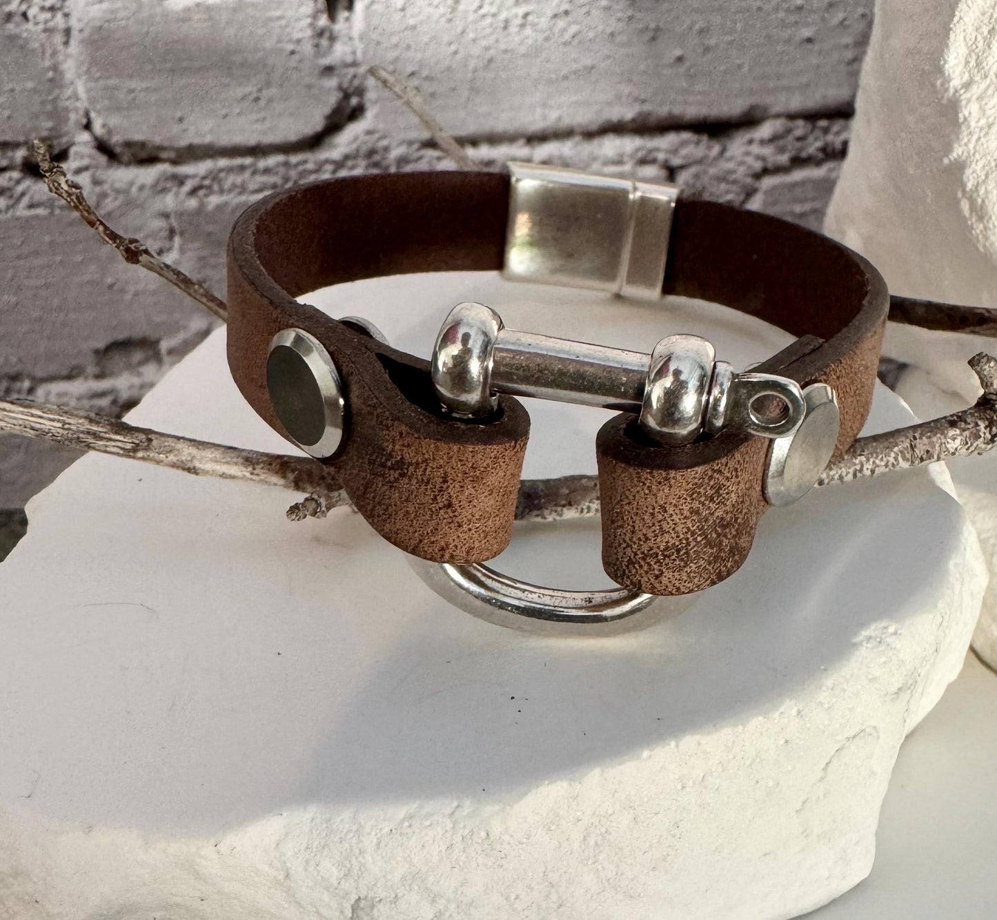 Leather shackle style bracelet with horse clasp magnet closure / genuine leather bracelet