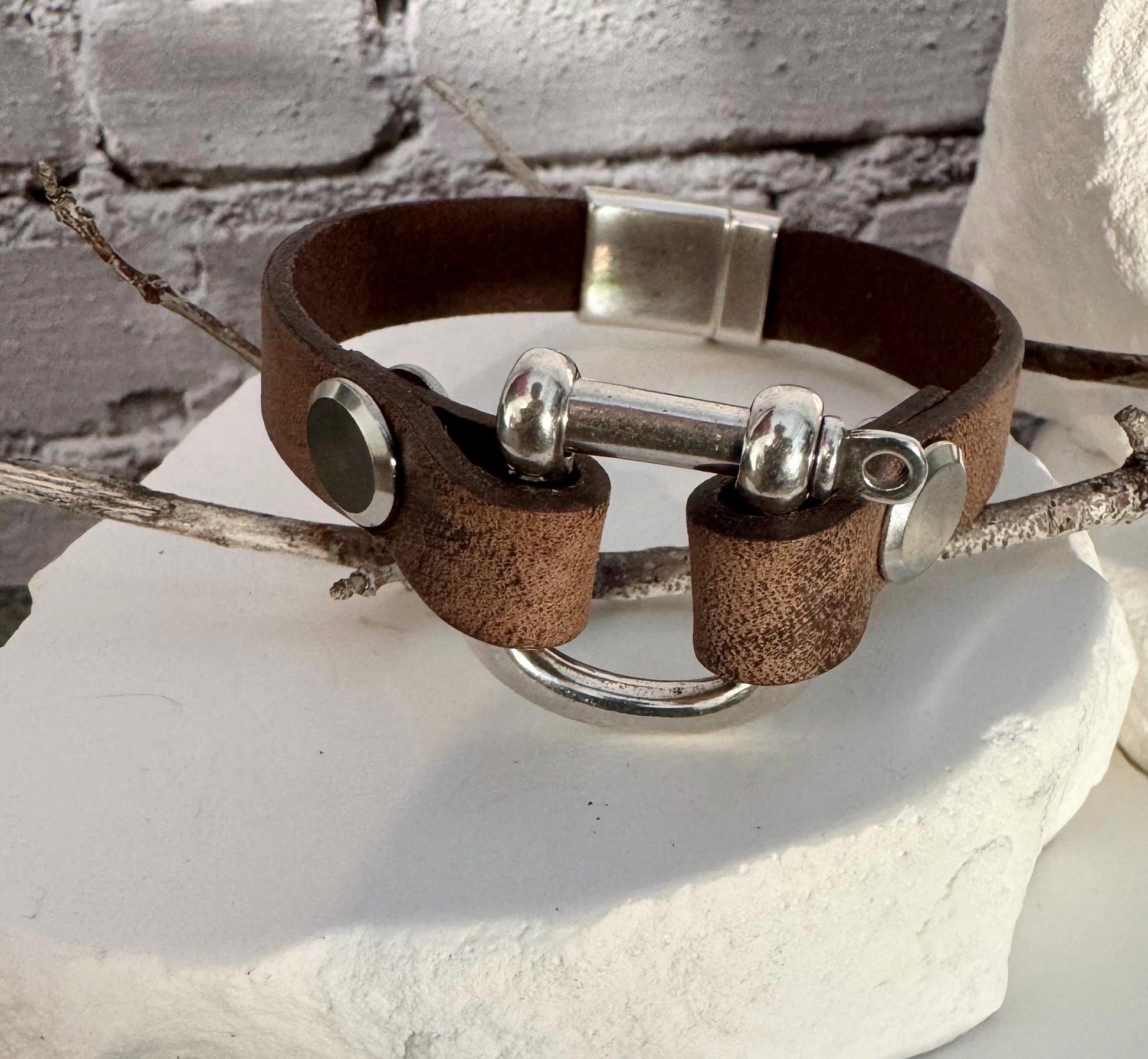 Leather shackle style bracelet with horse clasp magnet closure / genuine leather bracelet