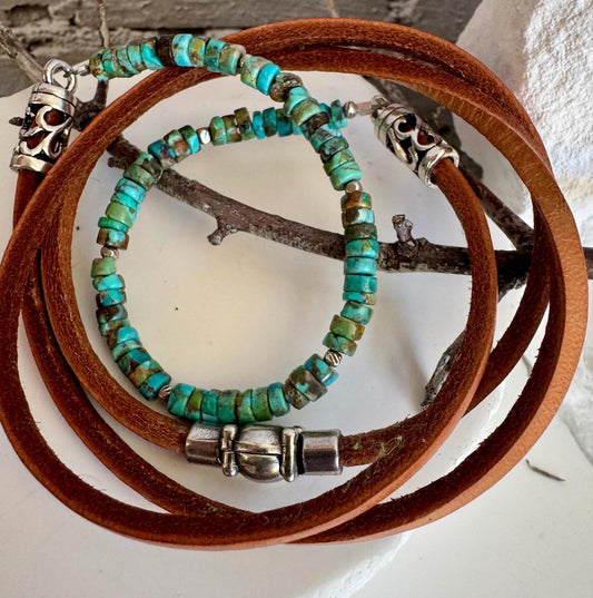 Turquoise Leather Wrap Bracelet, Sterling Silver Bracelet, Genuine Leather Gemstone Bracelet, Gift for Her