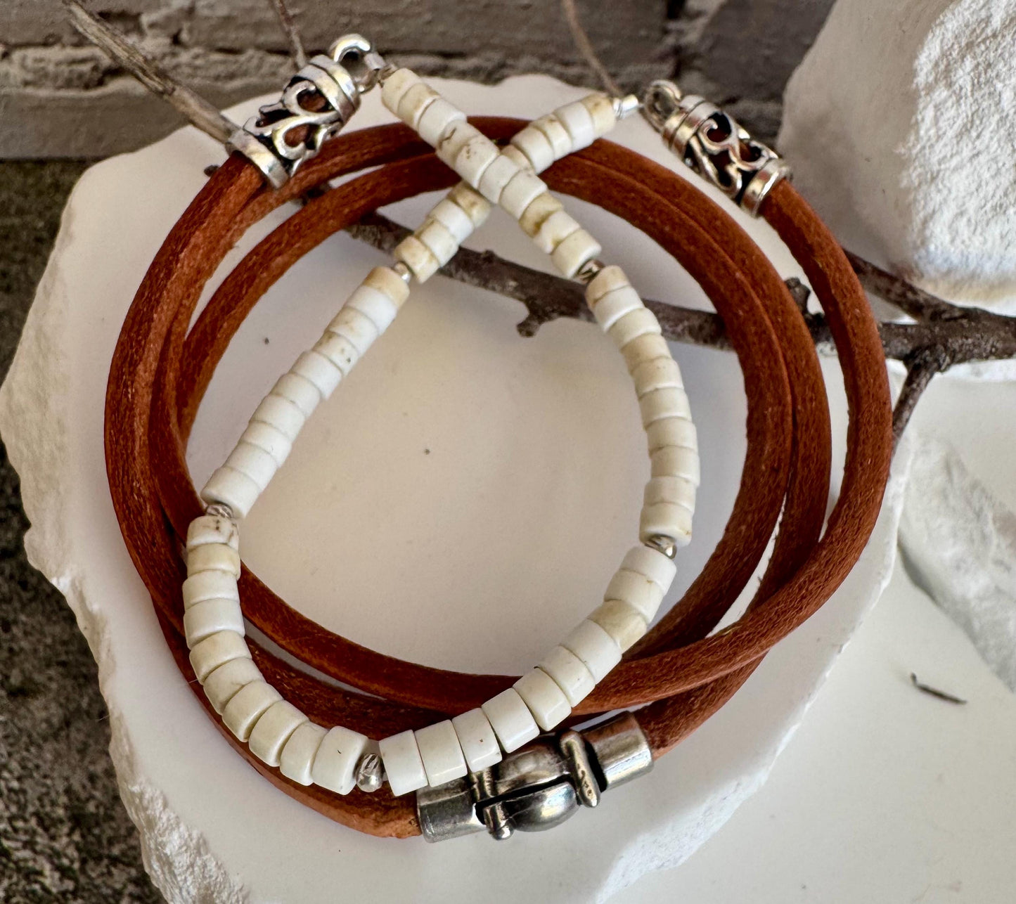 Sterling Silver Wrap Bracelet, White Turquoise Gemstone Bracelet, Leather Jewelry, Genuine Leather Gift, Stylish Wristwear