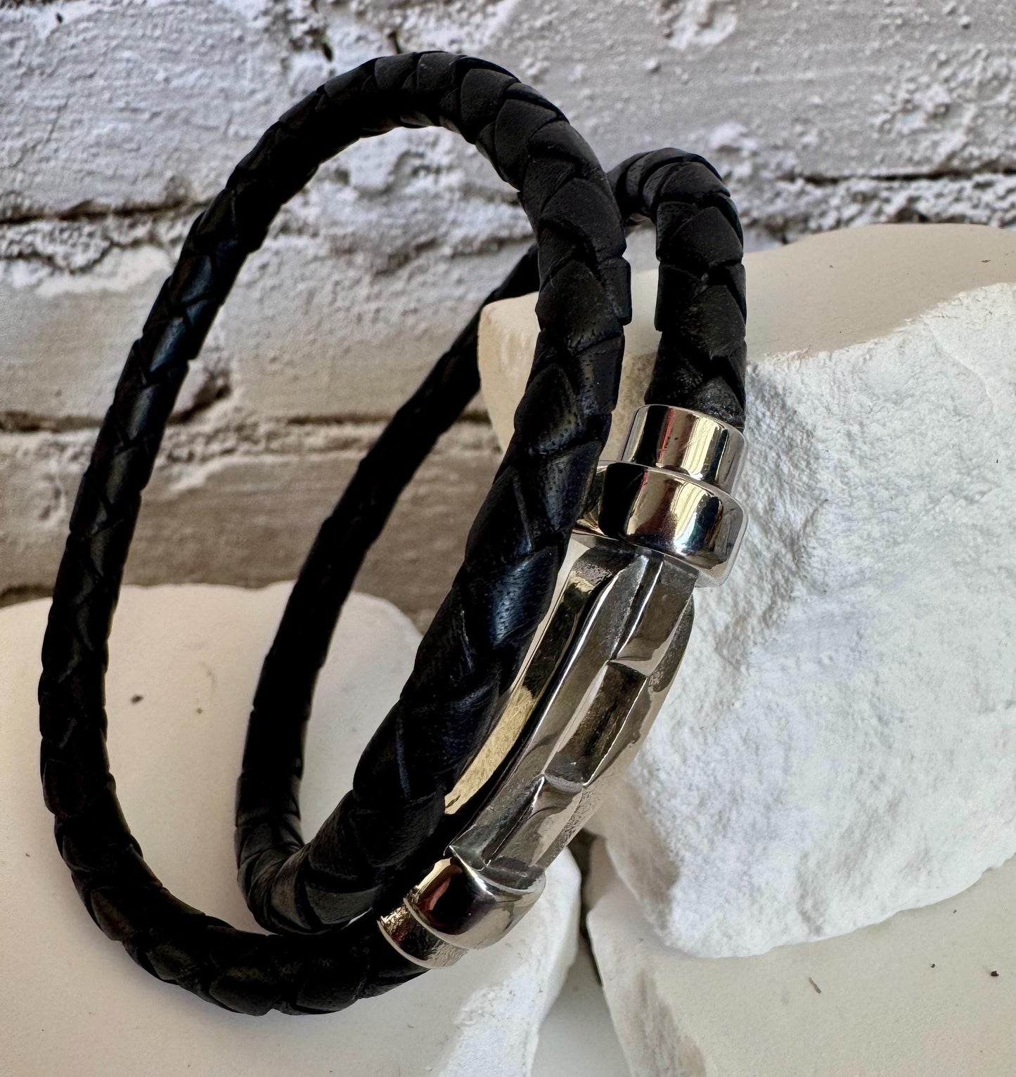 Braided leather bracelet with magnetic closure/ stainless steel shackle double wrap genuine leather bracelet