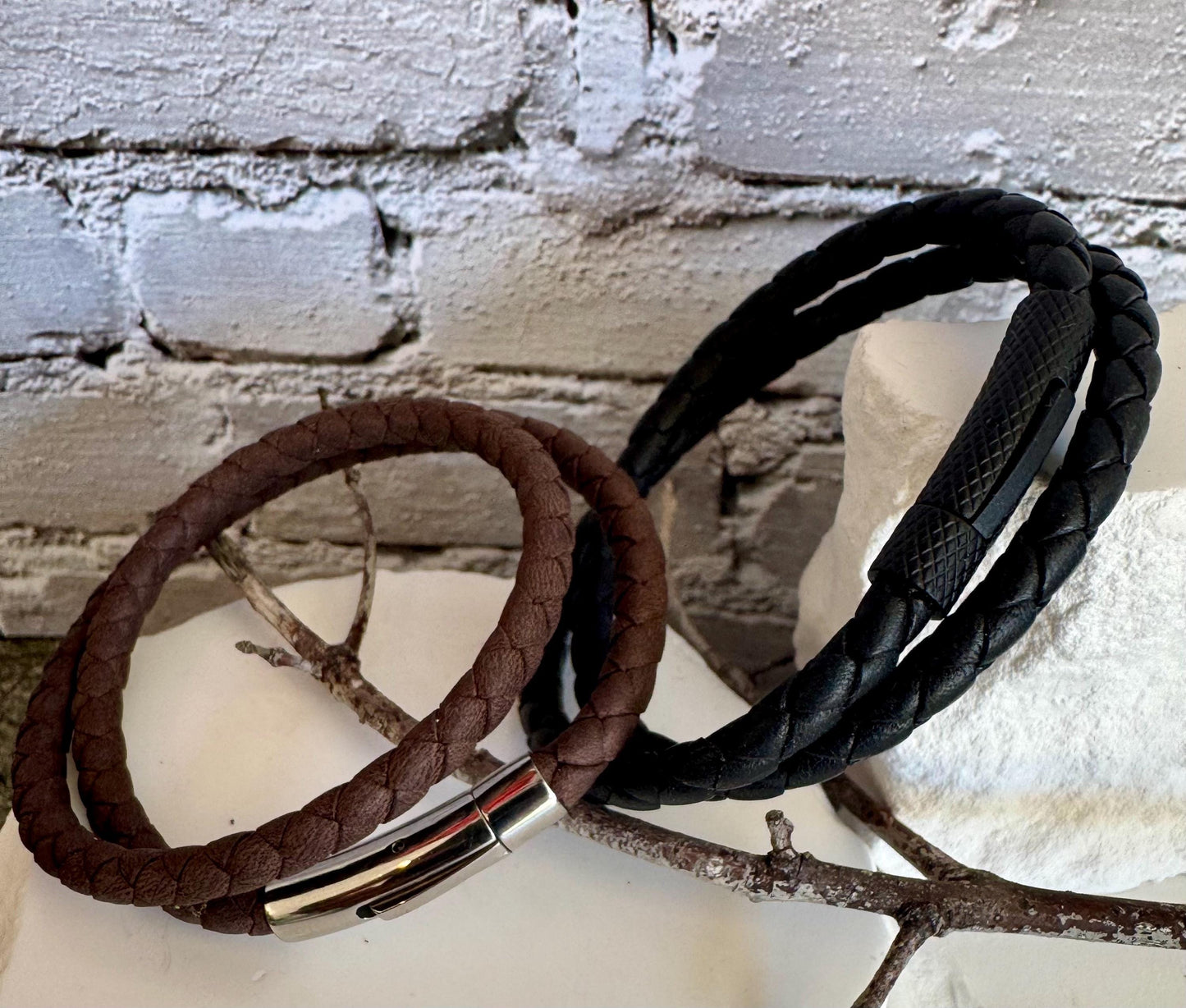 Braided leather wrap bracelet with bayonet closure/ double wrap genuine leather bracelet