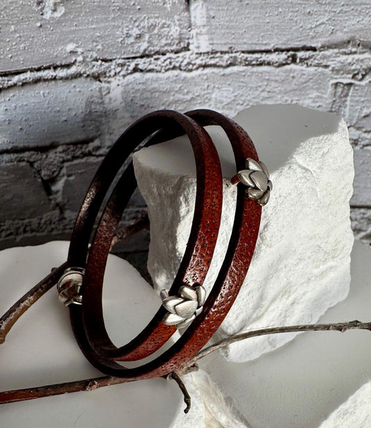 Camel leather wrap bracelet with lotus flower spacers and magnet closure
