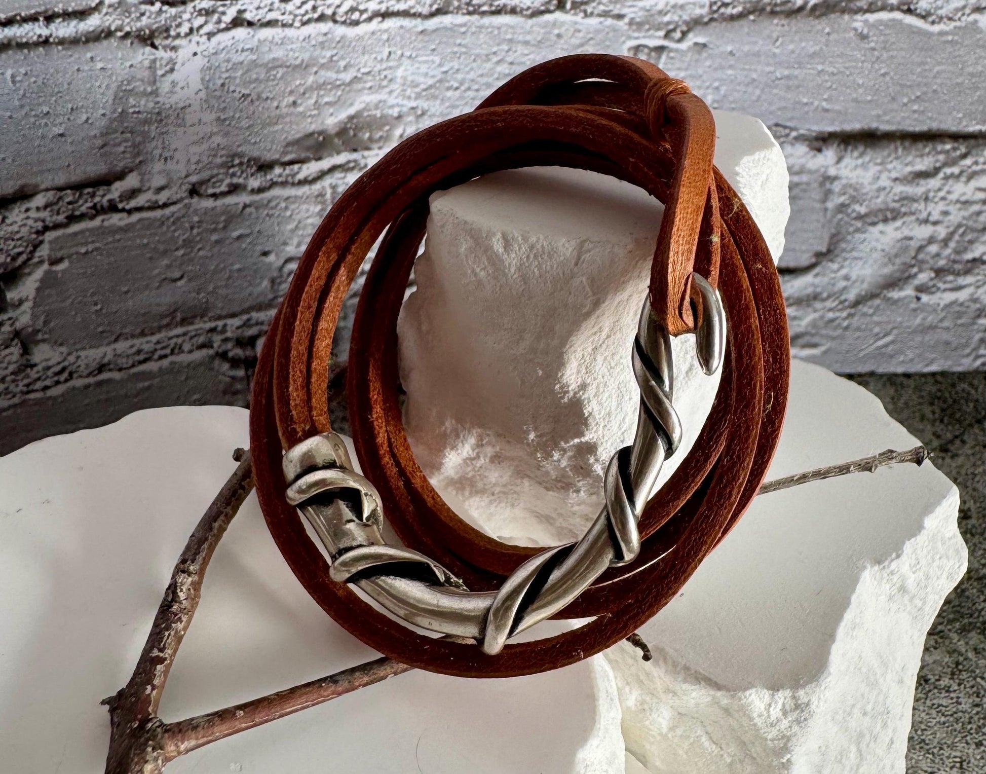 Square leather wrap bracelet with silver cuff, saddle or dark brown