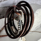 Square leather wrap bracelet with silver cuff, dark brown or black leather