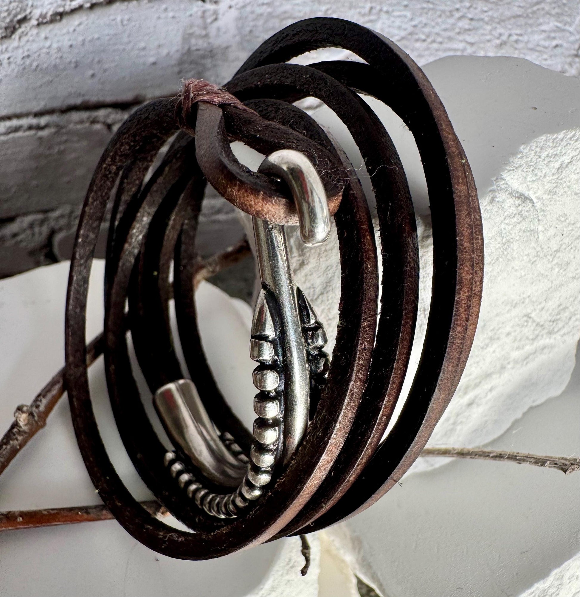 Square leather wrap bracelet with silver cuff, dark brown or black leather
