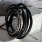Square leather wrap bracelet with silver cuff, dark brown or black leather