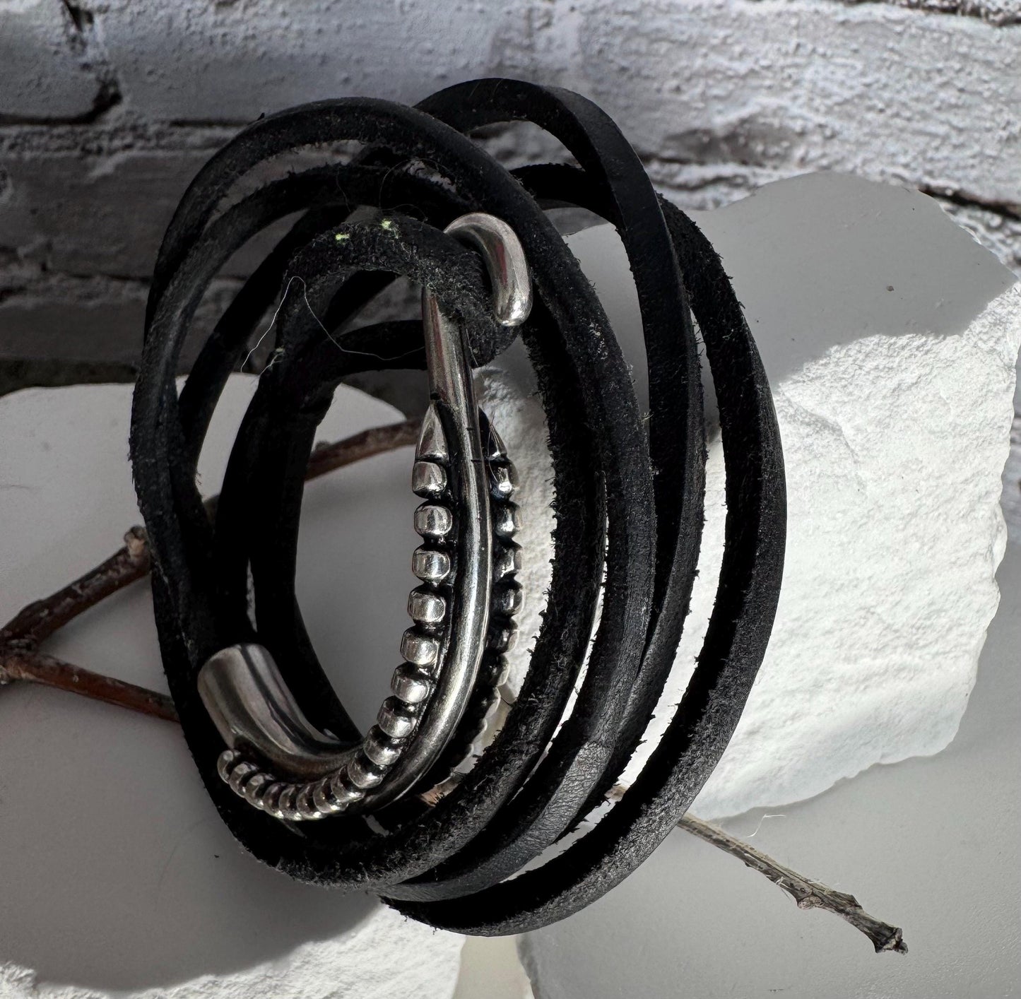 Square leather wrap bracelet with silver cuff, dark brown or black leather