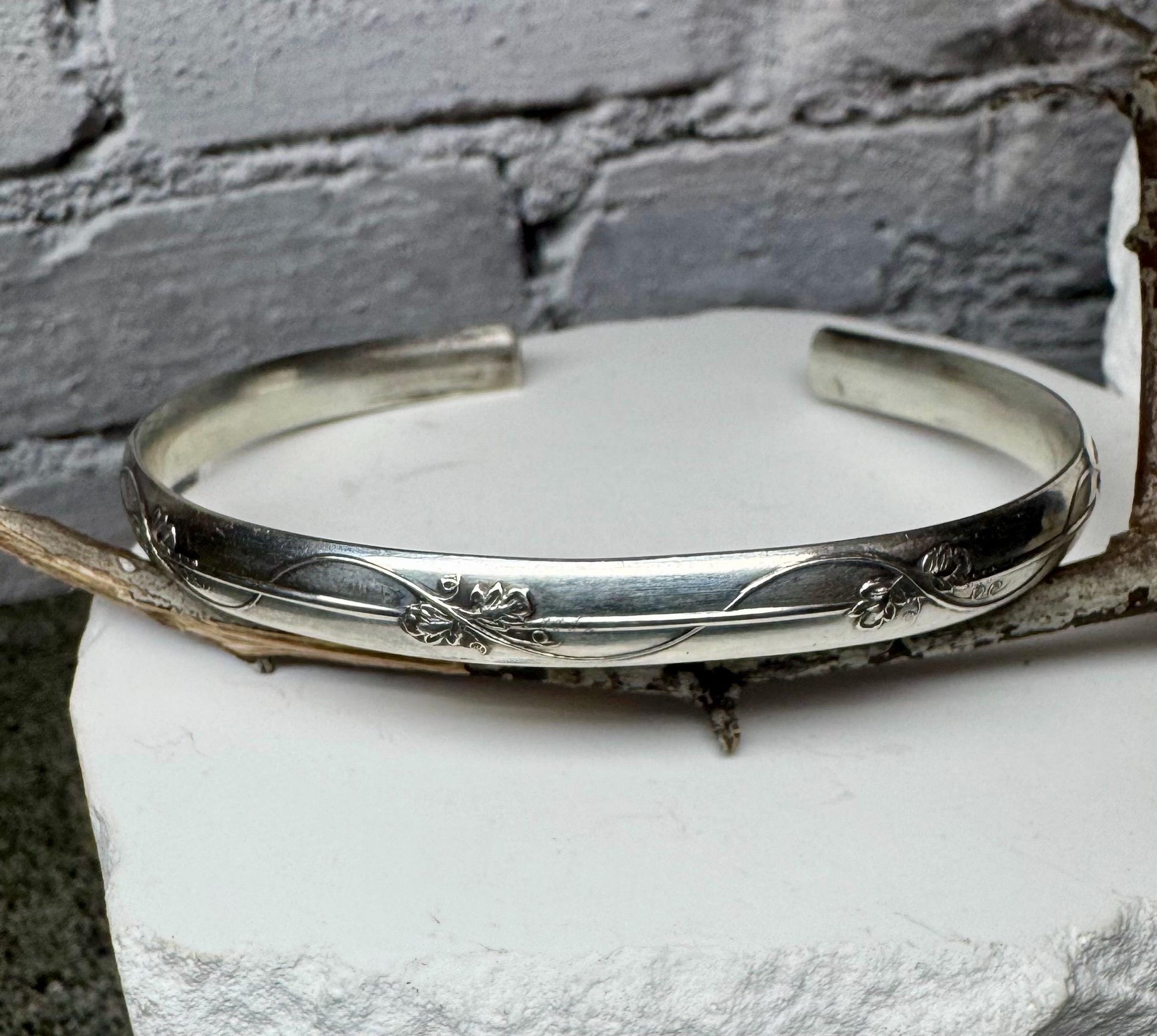 Flower and vine sterling silver cuff bracelet