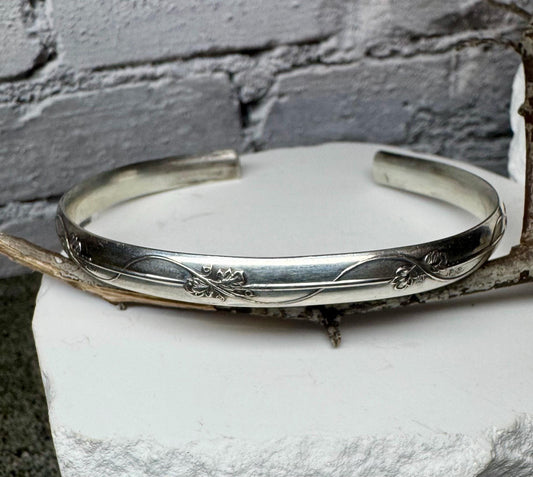 Flower and vine sterling silver cuff bracelet