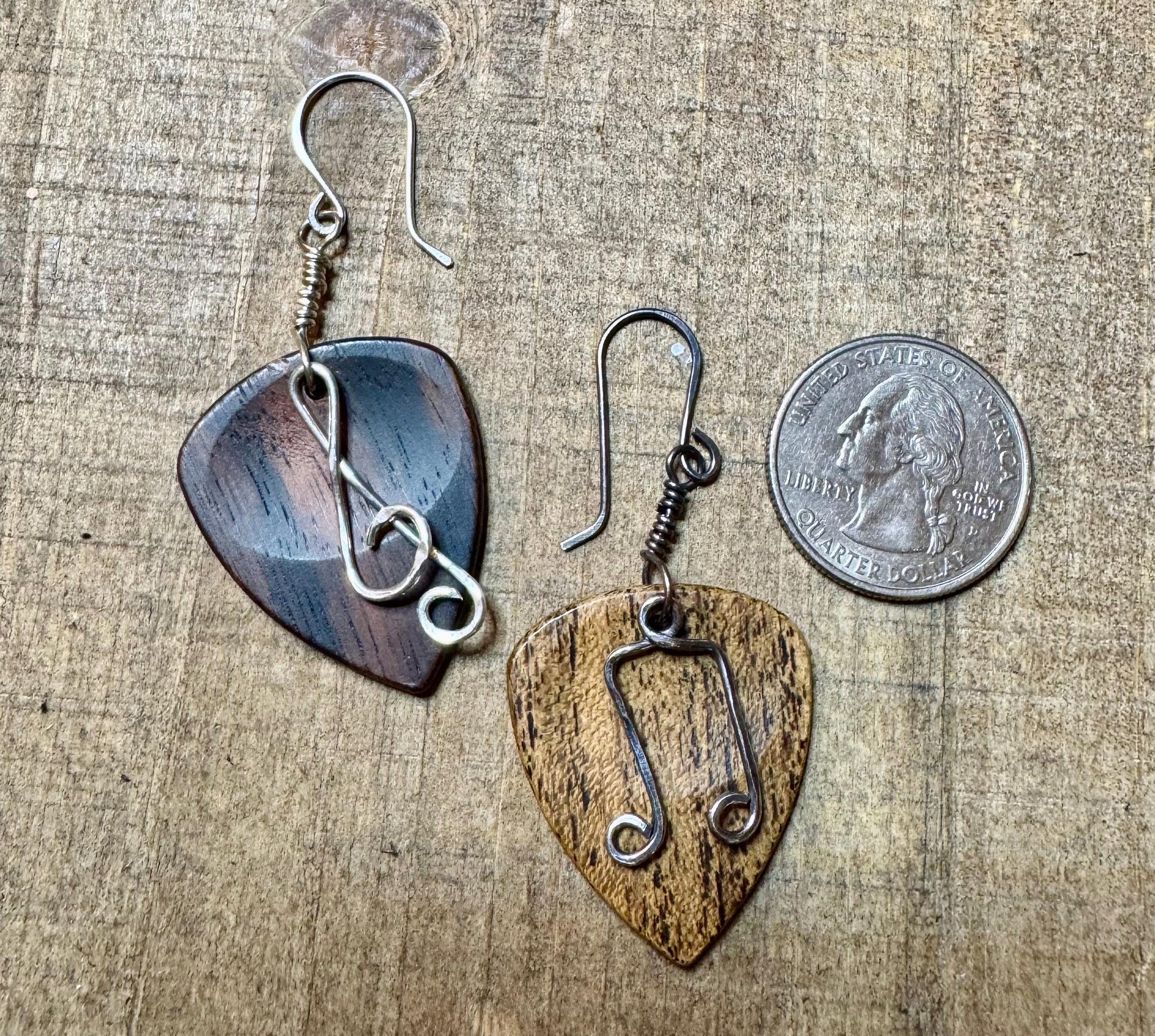 Guitar pick earrings / wood, sterling silver treble clef and note dangle