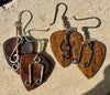 Guitar pick earrings / wood, sterling silver treble clef and note dangle