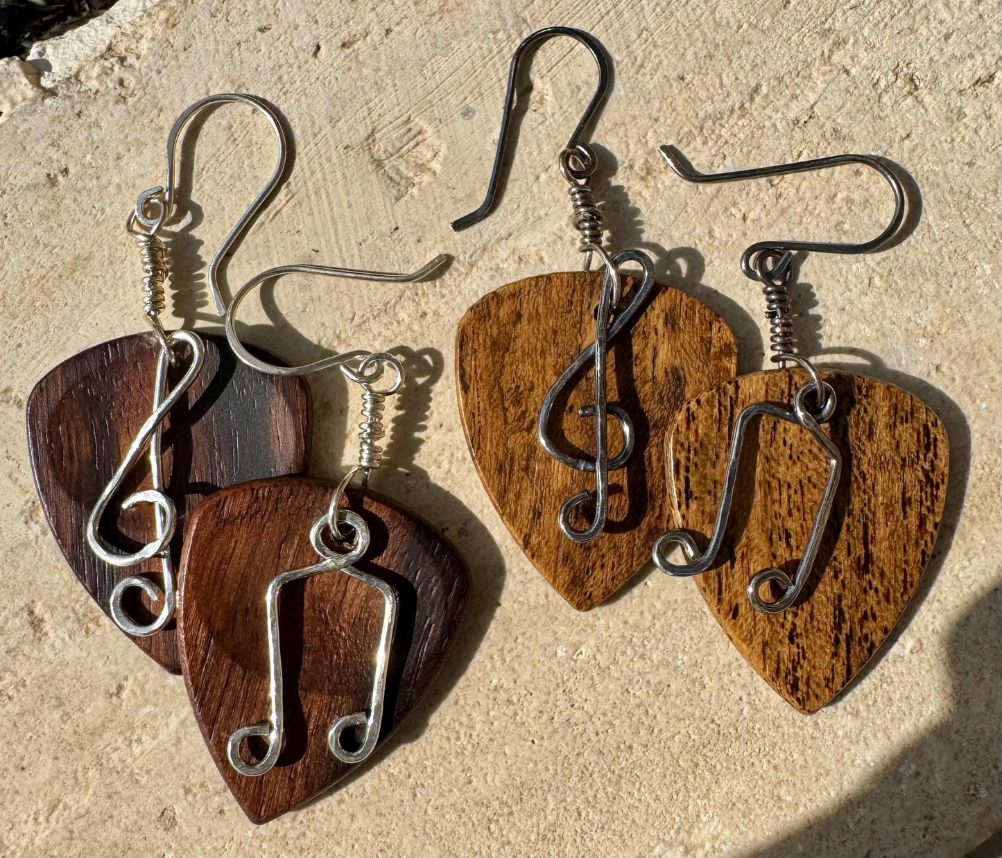 Guitar pick earrings / wood, sterling silver treble clef and note dangle