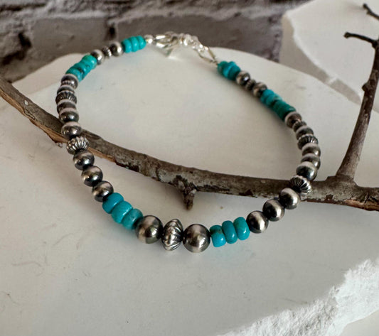Navajo Pearls with Arizona Blue Turquoise Bracelet / Genuine Turquoise sterling silver bracelet / gemstone bracelet