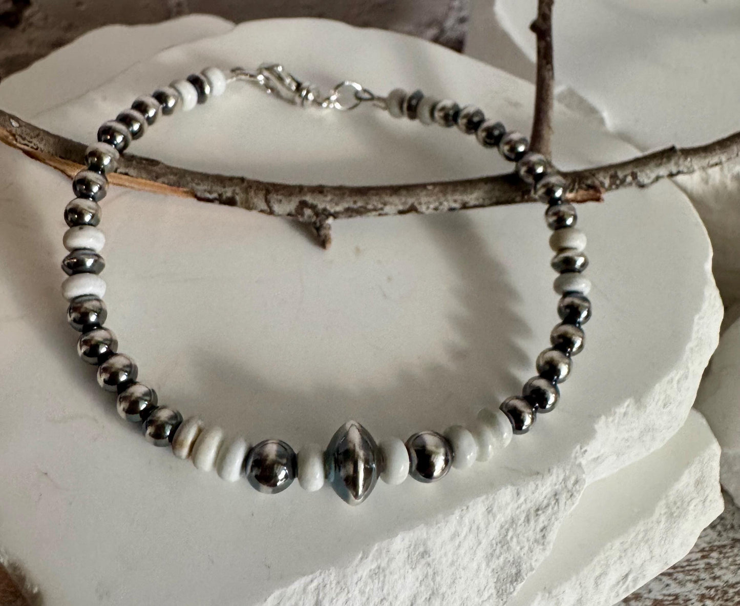 Navajo pearl, white turquoise gemstone bracelet / sterling silver beaded gemstone bracelet