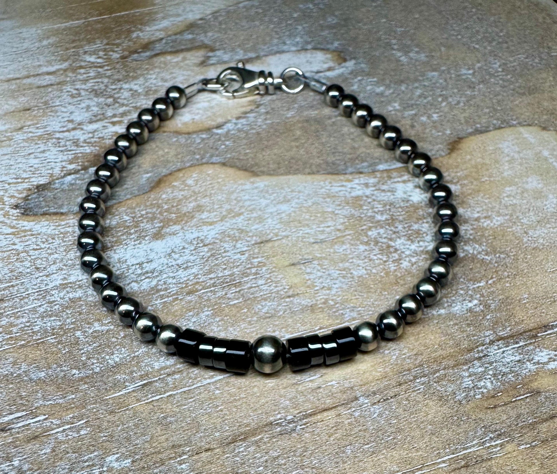 Navajo Pearl Bracelet with Black Onyx, Hematite Beaded Bracelet, Sterling Silver Bracelet, Gemstone Jewelry, Bracelet Gift