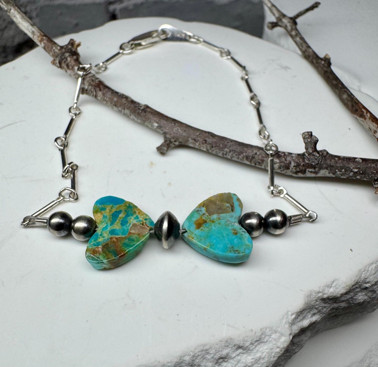 Navajo pearl and turquoise heart chain bracelet