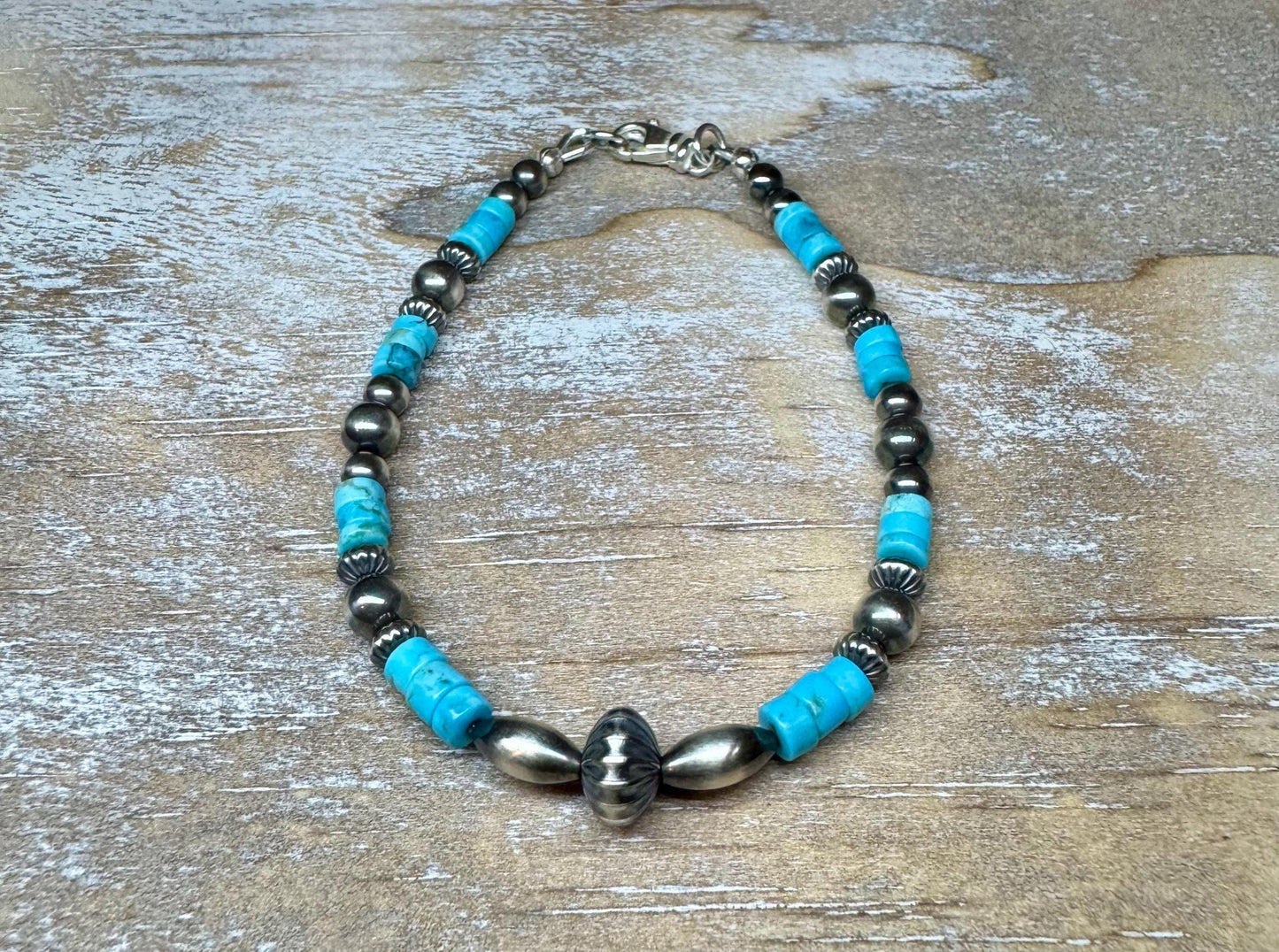 Turquoise Navajo pearl torpedo bracelet / beaded gemstone sterling silver bracelet