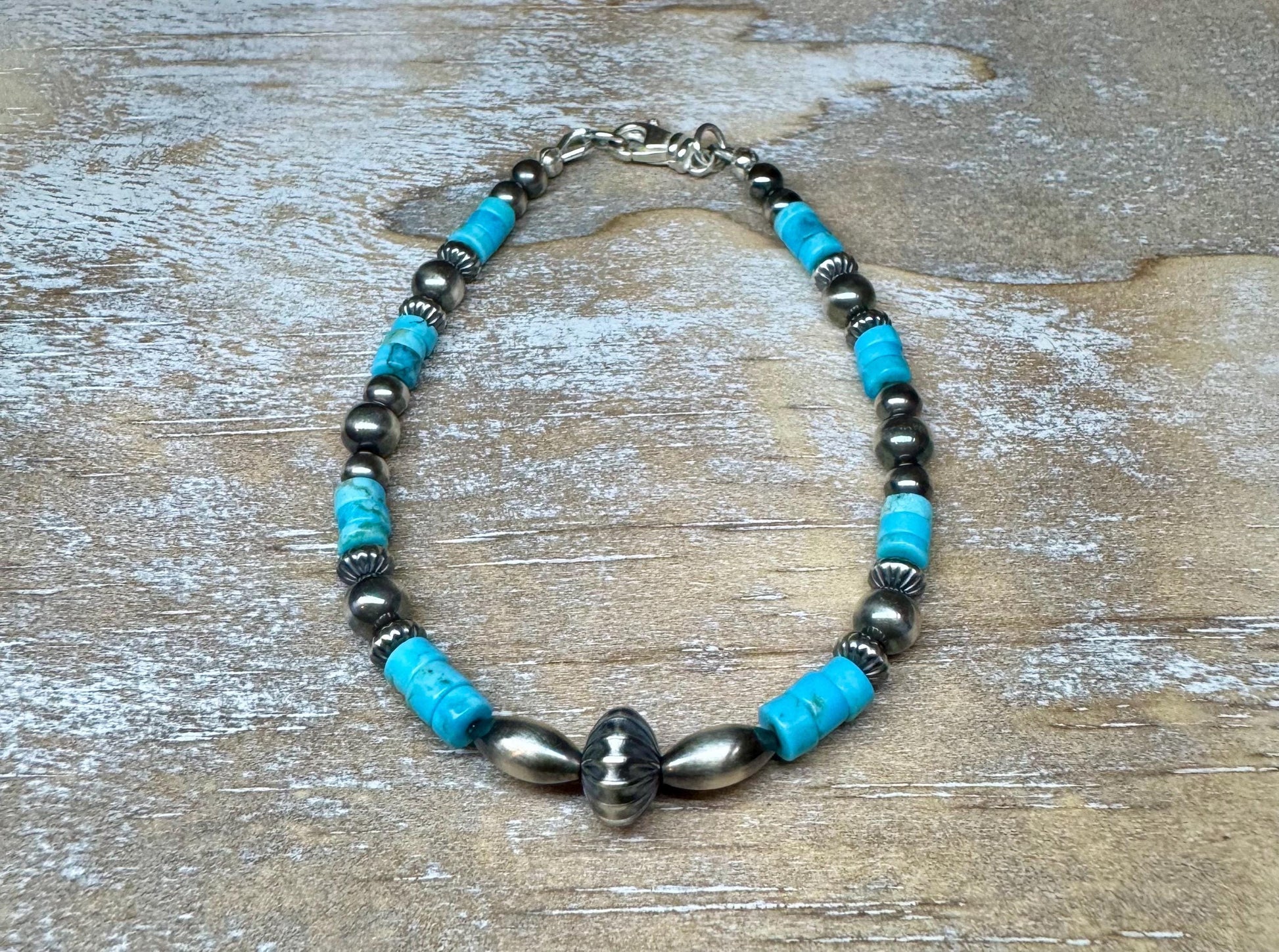 Turquoise Navajo pearl torpedo bracelet / beaded gemstone sterling silver bracelet