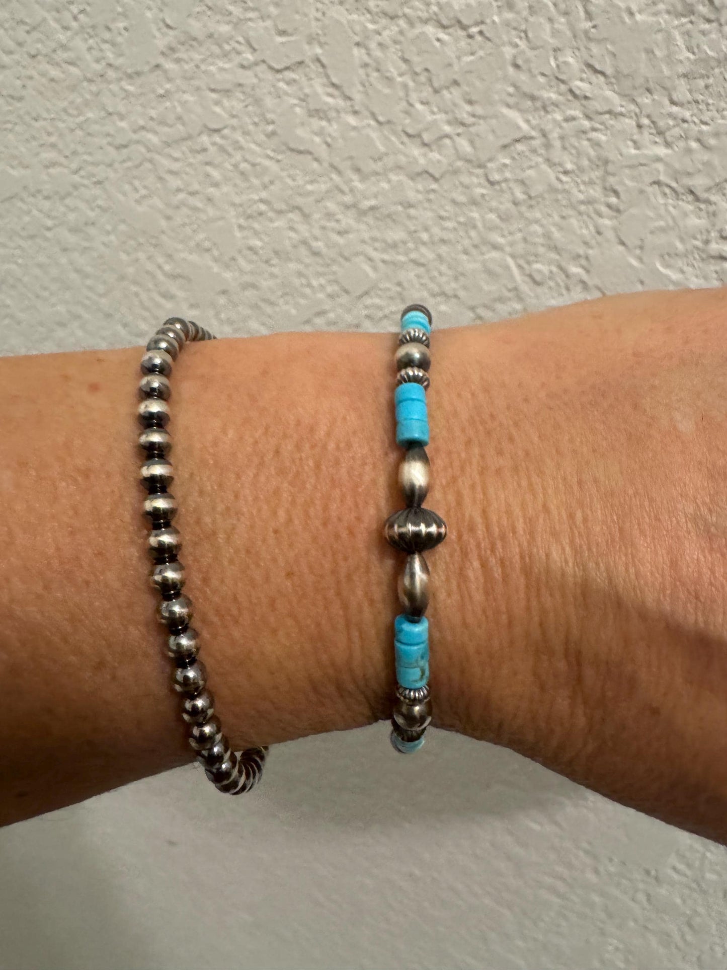 Turquoise Navajo pearl torpedo bracelet / beaded gemstone sterling silver bracelet