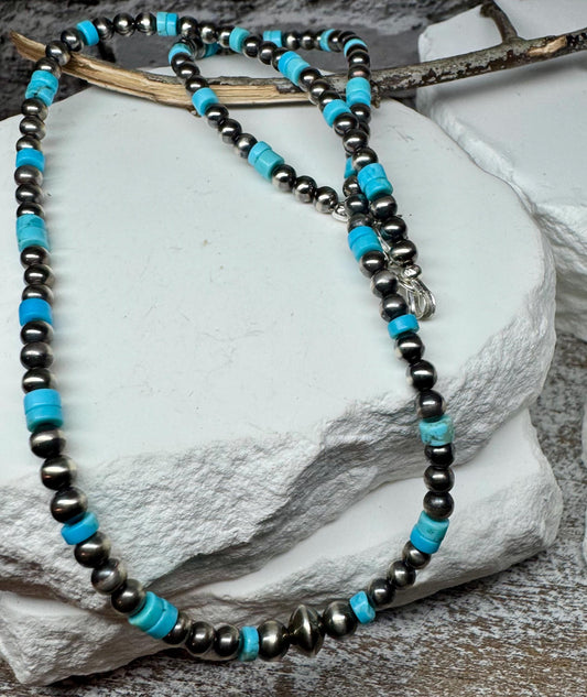 Navajo Pearl and Kingman Turquoise Necklace, Genuine Turquoise Beaded Necklace, Gemstone Necklace, Choker Necklace, Authentic Navajo Pearls