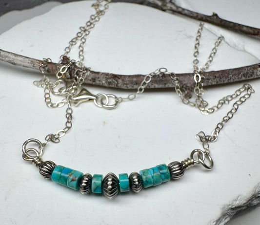 Navajo Pearl and Turquoise Bar Necklace, Sterling Silver Chain, Authentic Navajo Pearls and Turquoise, Turquoise Jewelry Gift