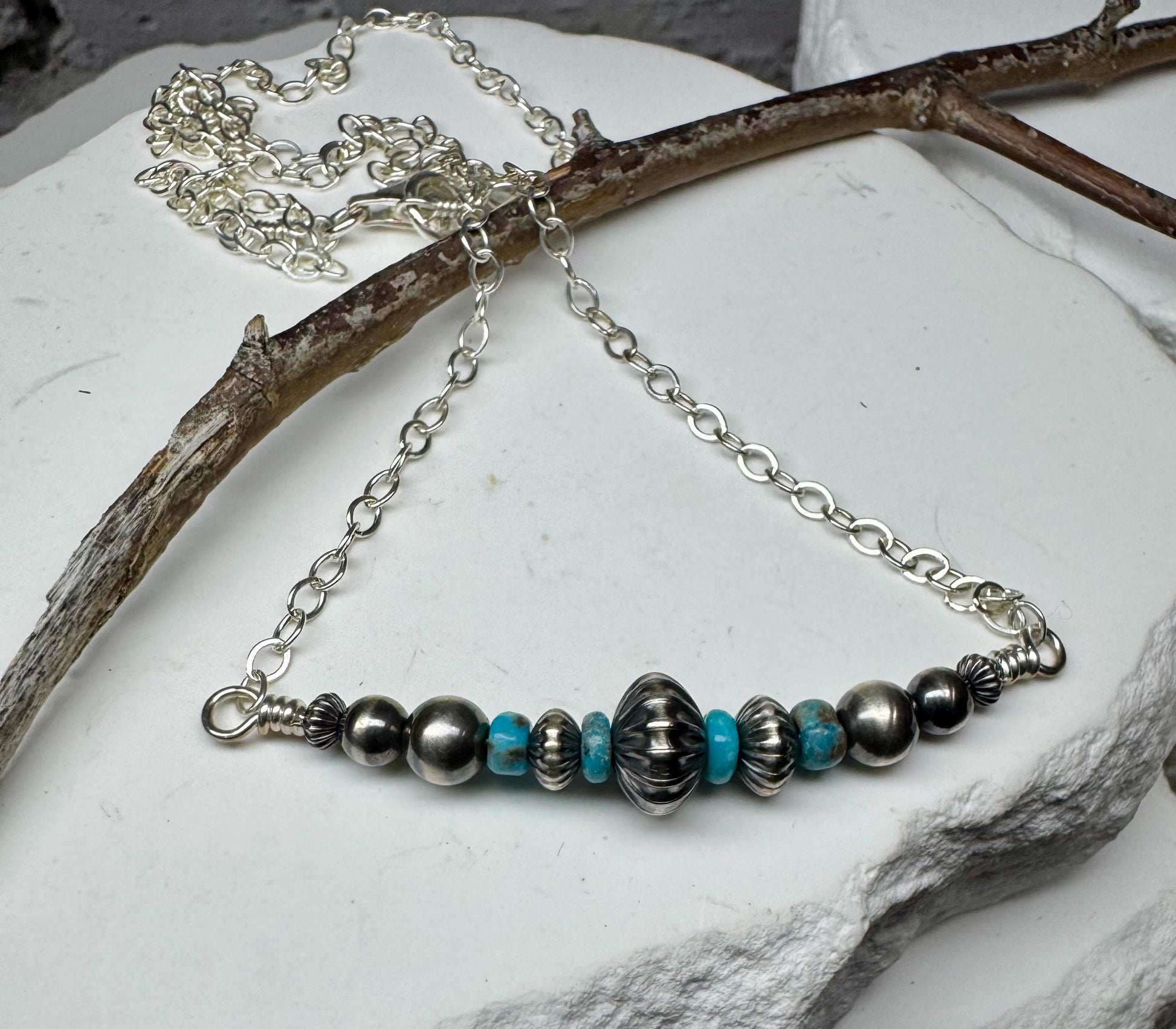 Navajo Pearl Turquoise Bar Necklace, Sterling Silver Chain, Bar Necklace, Authentic Navajo Pearls, Southwestern Jewelry, Western Jewelry