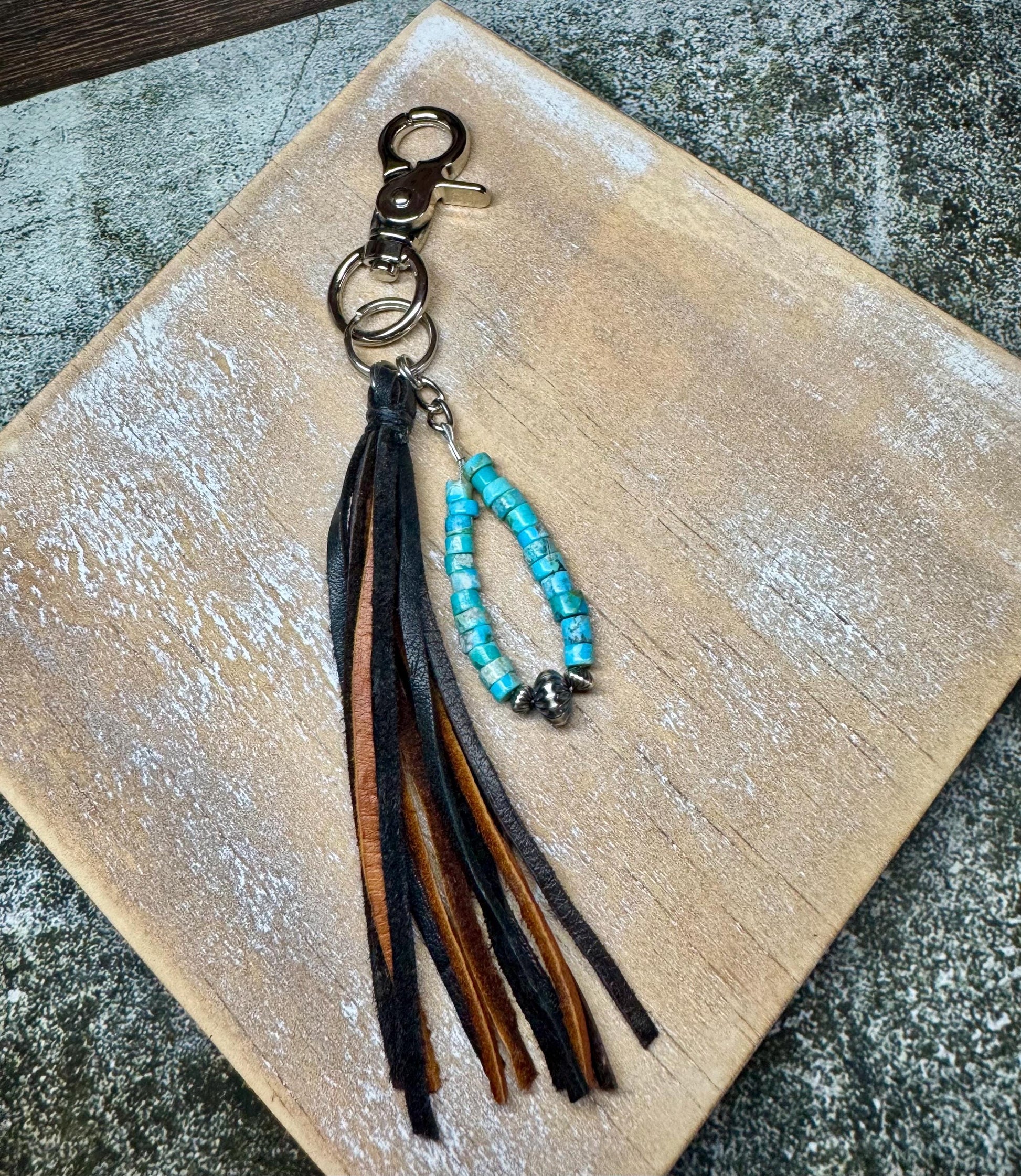 Kingman turquoise keychain with multi color leather tassel