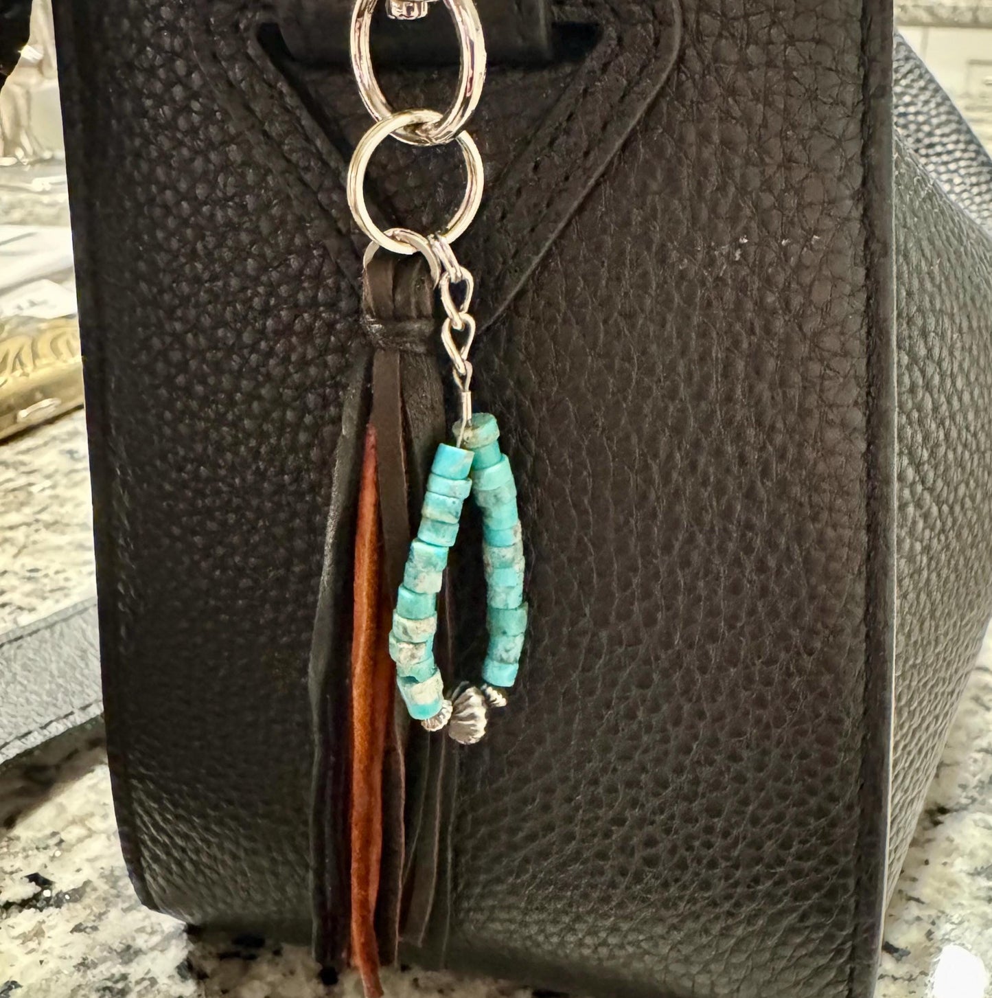 Kingman turquoise keychain with multi color leather tassel