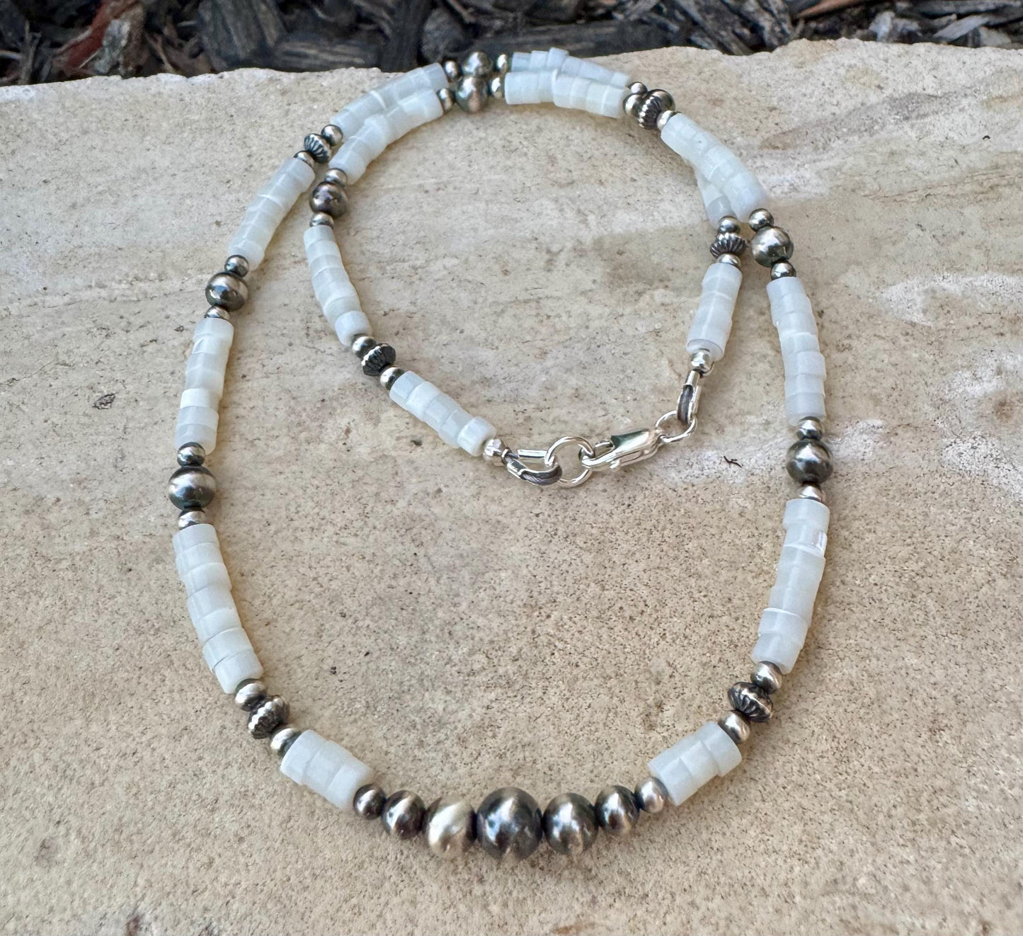 Navajo Pearl & Mother of Pearl Necklace, Gemstone Beaded Choker, Sterling Silver Necklace, Southwest Jewelry, Timeless Elegant Gift
