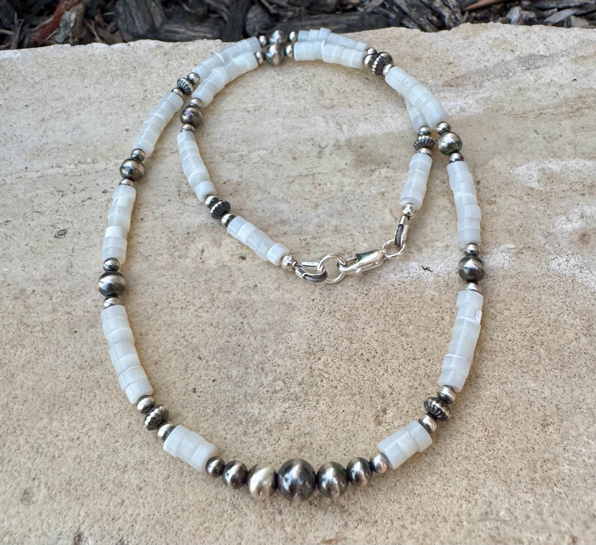 Navajo Pearl & Mother of Pearl Necklace, Gemstone Beaded Choker, Sterling Silver Necklace, Southwest Jewelry, Timeless Elegant Gift