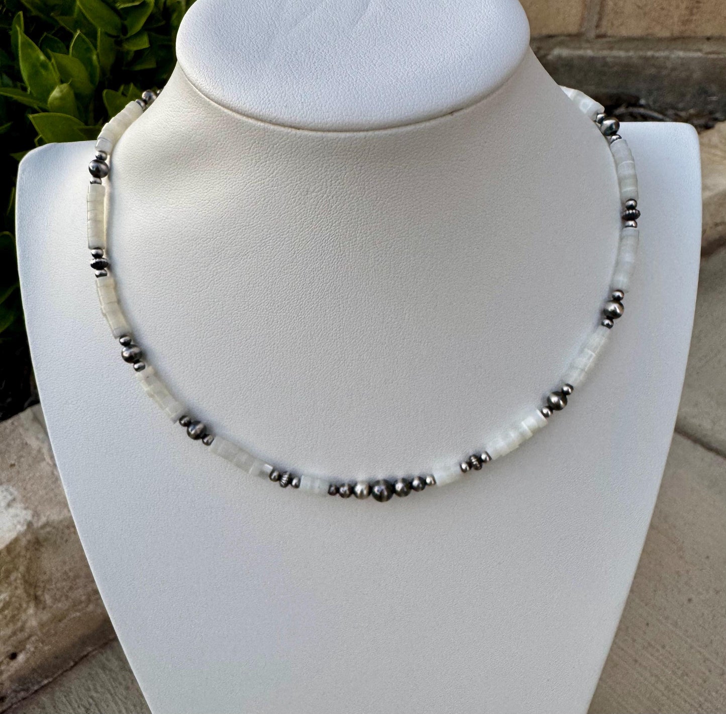 Navajo Pearl & Mother of Pearl Necklace, Gemstone Beaded Choker, Sterling Silver Necklace, Southwest Jewelry, Timeless Elegant Gift