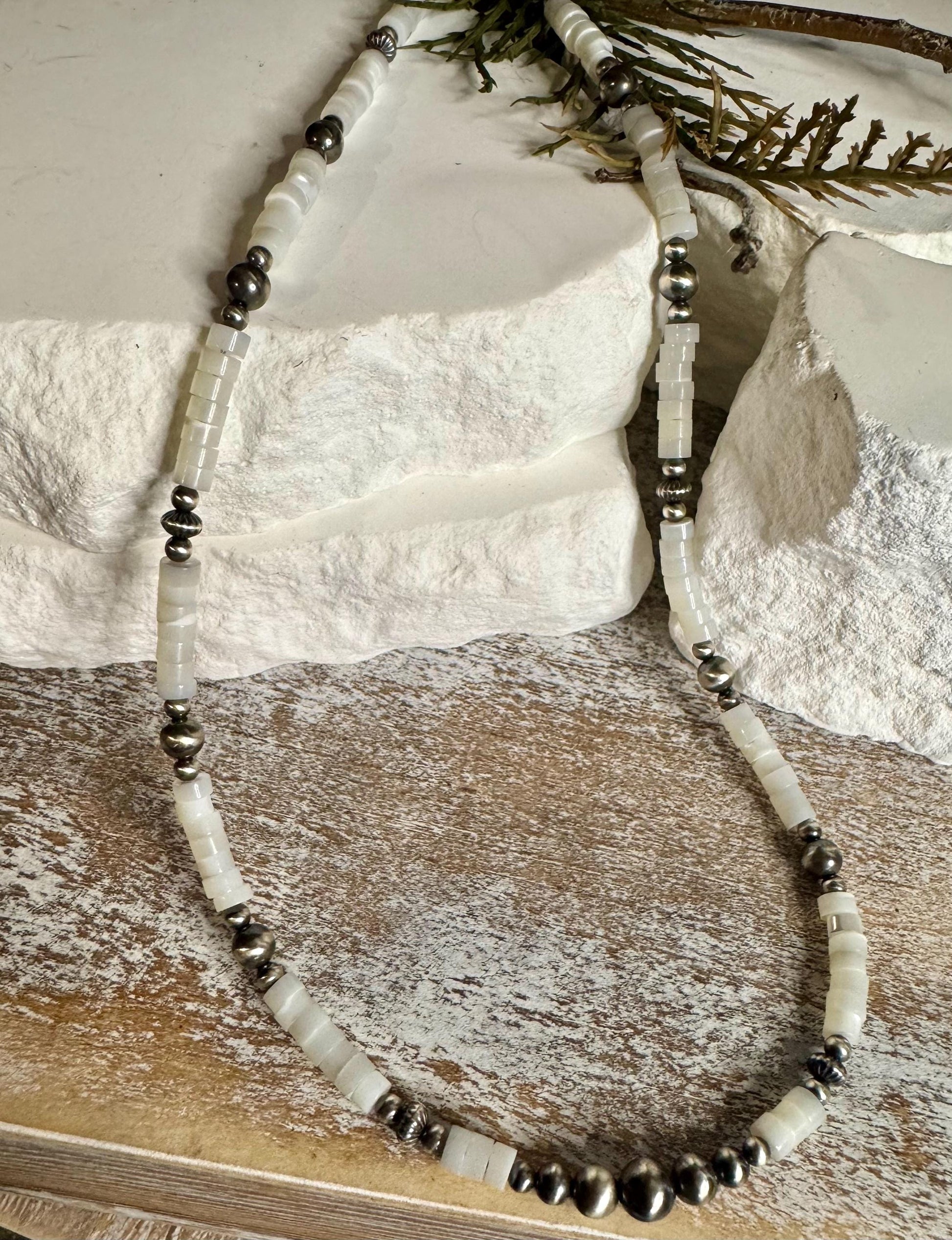 Navajo Pearl & Mother of Pearl Necklace, Gemstone Beaded Choker, Sterling Silver Necklace, Southwest Jewelry, Timeless Elegant Gift