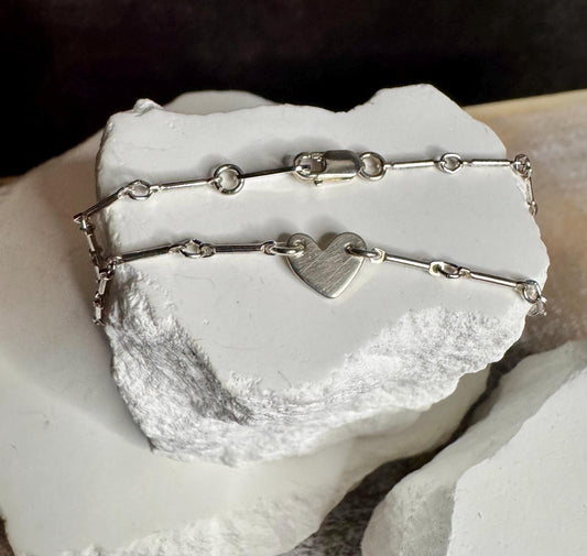 Sterling silver ankle bracelet with tiny heart connector, monogram charm ankle bracelet