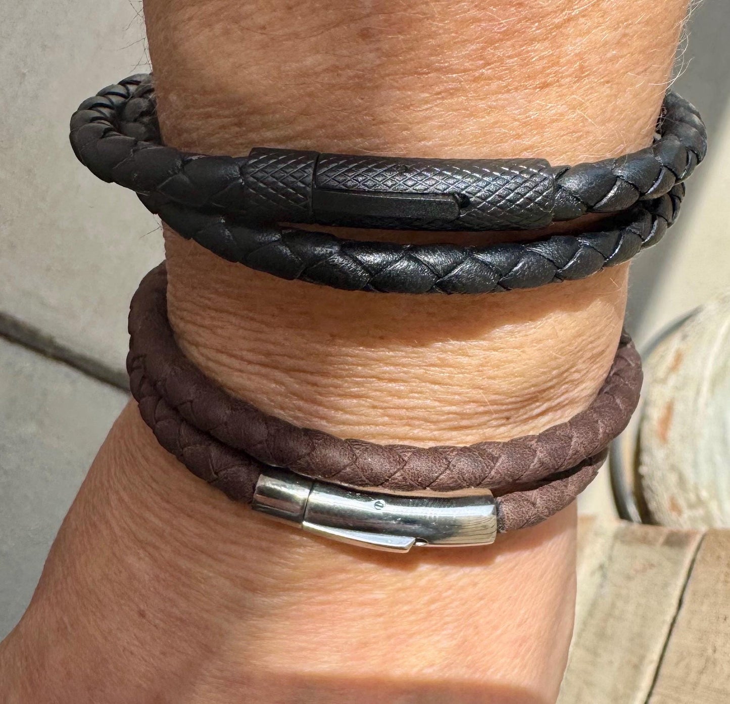 Braided leather wrap bracelet with bayonet closure/ double wrap genuine leather bracelet