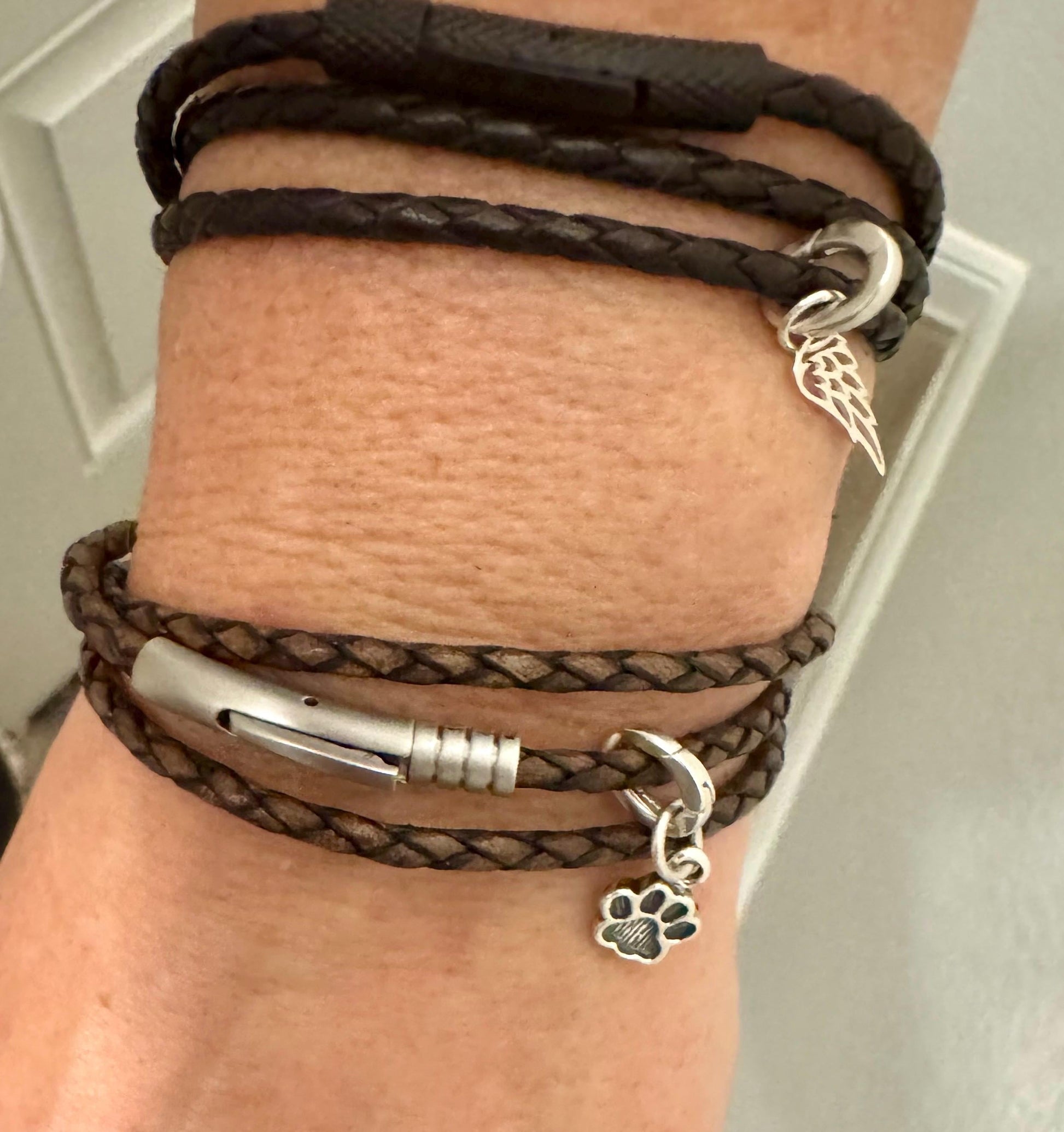 Custom Leather Bracelet Bayonet Closure, Braided Leather Charm Bracelet, Triple Wrap Leather Bracelet, Personalized Jewelry, Unique Gift