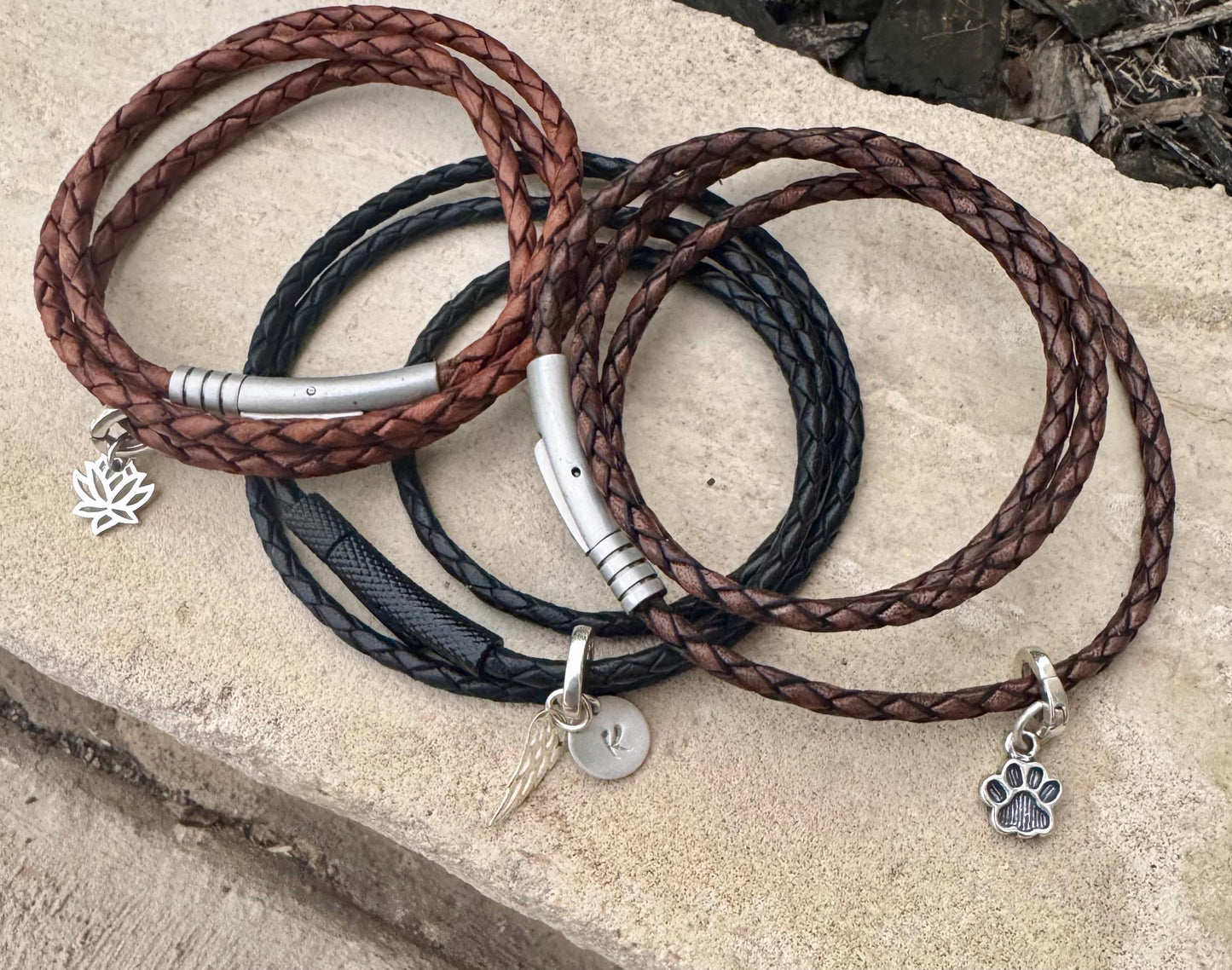 Custom Leather Bracelet Bayonet Closure, Braided Leather Charm Bracelet, Triple Wrap Leather Bracelet, Personalized Jewelry, Unique Gift