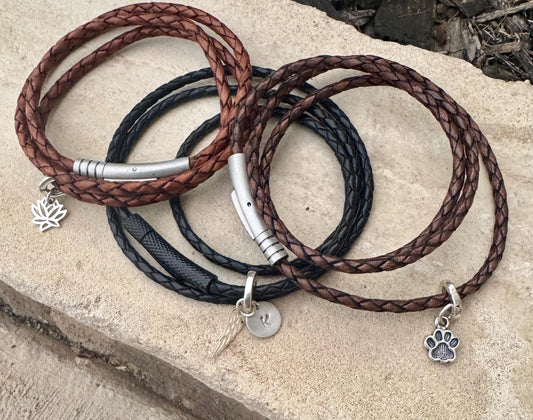 Custom Leather Bracelet Bayonet Closure, Braided Leather Charm Bracelet, Triple Wrap Leather Bracelet, Personalized Jewelry, Unique Gift