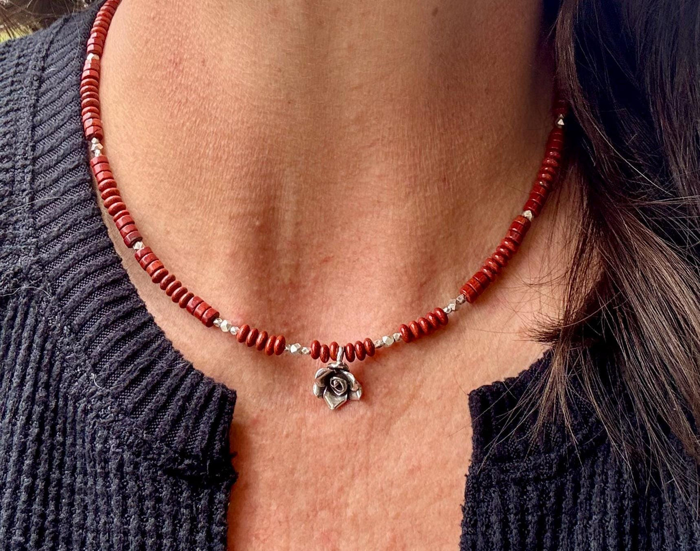 Red Creek Jasper gemstone necklace with sterling silver spacers and rose flower pendant