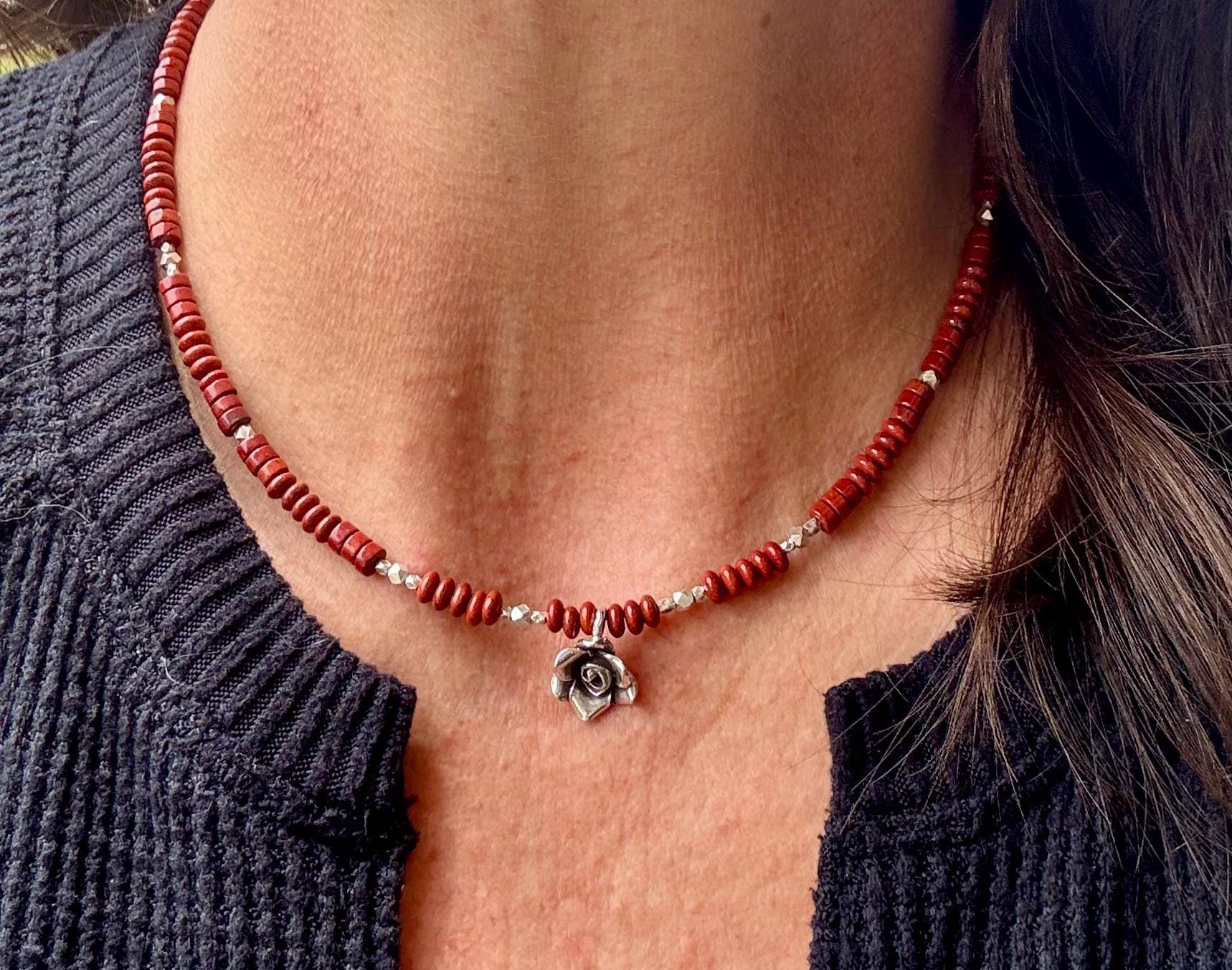 Red Creek Jasper gemstone necklace with sterling silver spacers and rose flower pendant