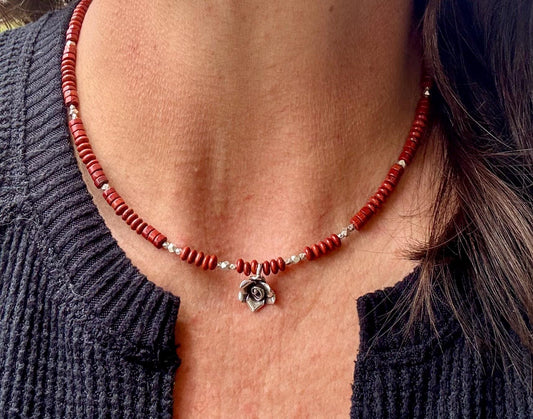 Red Creek Jasper gemstone necklace with sterling silver spacers and rose flower pendant