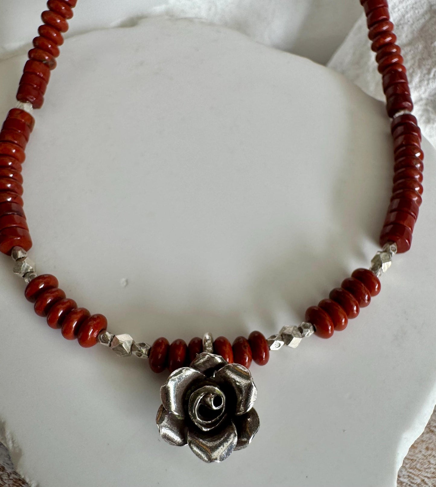 Red Creek Jasper gemstone necklace with sterling silver spacers and rose flower pendant