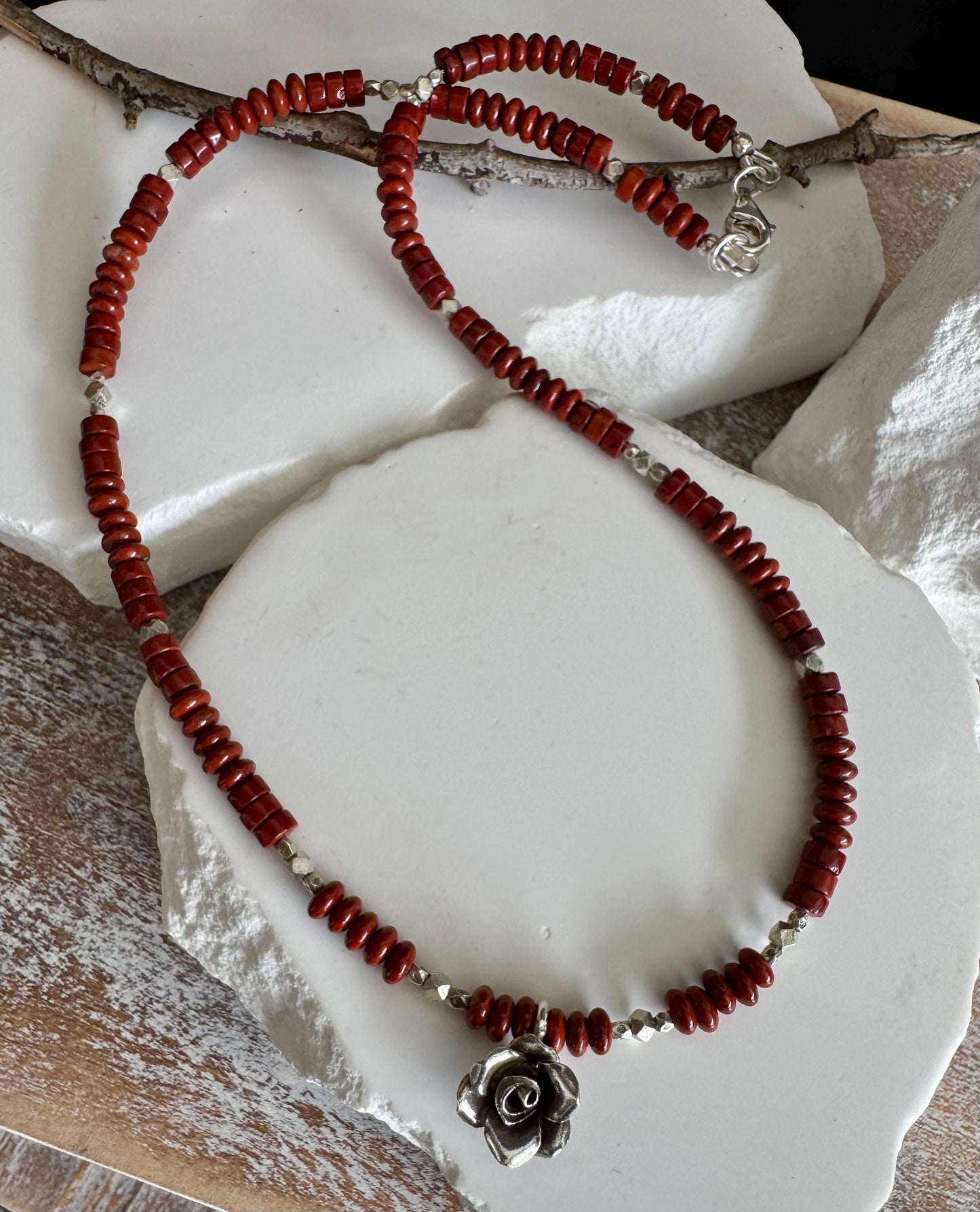Red Creek Jasper gemstone necklace with sterling silver spacers and rose flower pendant