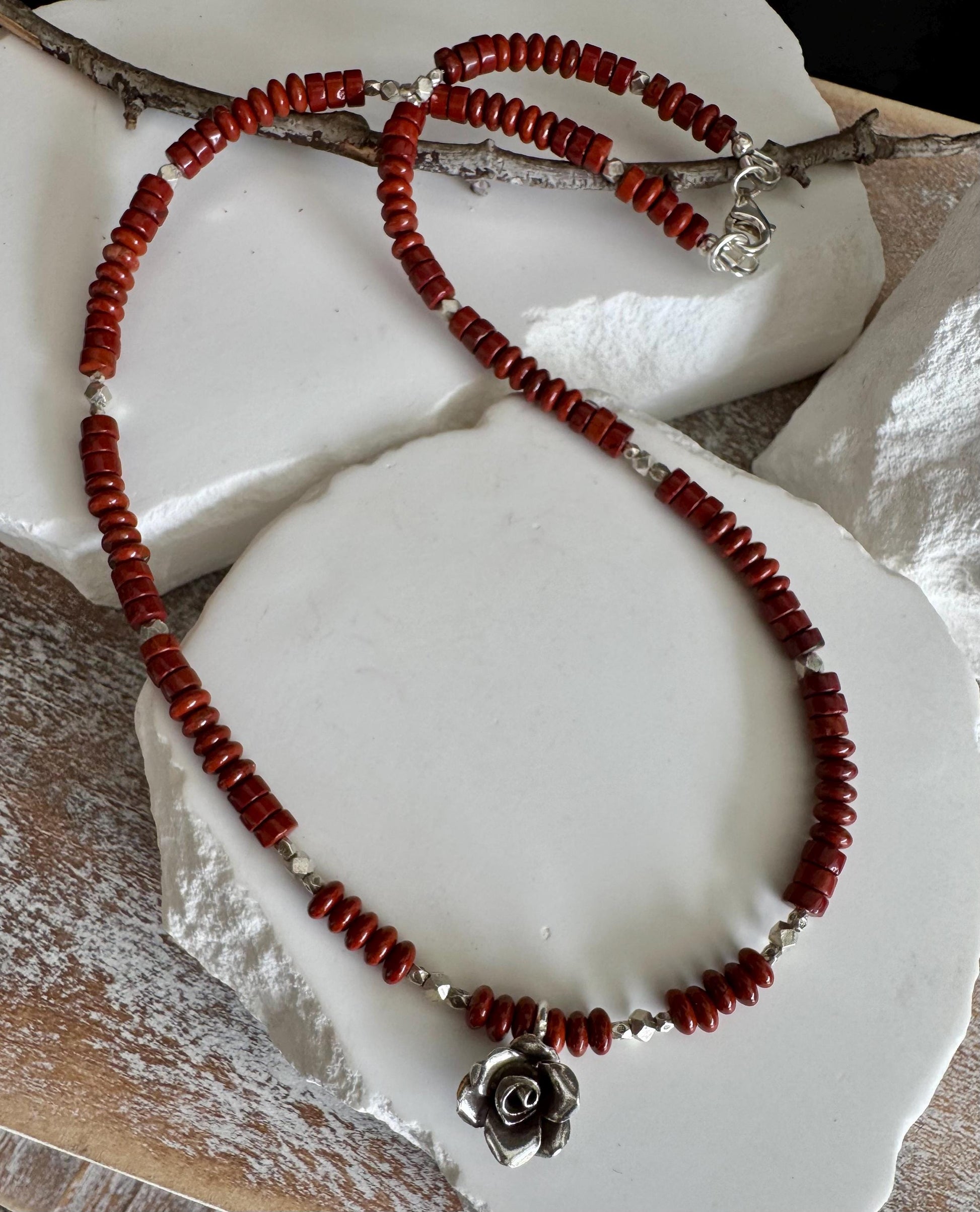 Red Creek Jasper gemstone necklace with sterling silver spacers and rose flower pendant